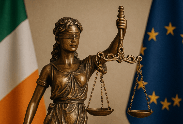Bereaved Partner's Pension Statue of Lady Justice with Irish flag, symbolising new legislation for the Bereaved Partner’s Pension.